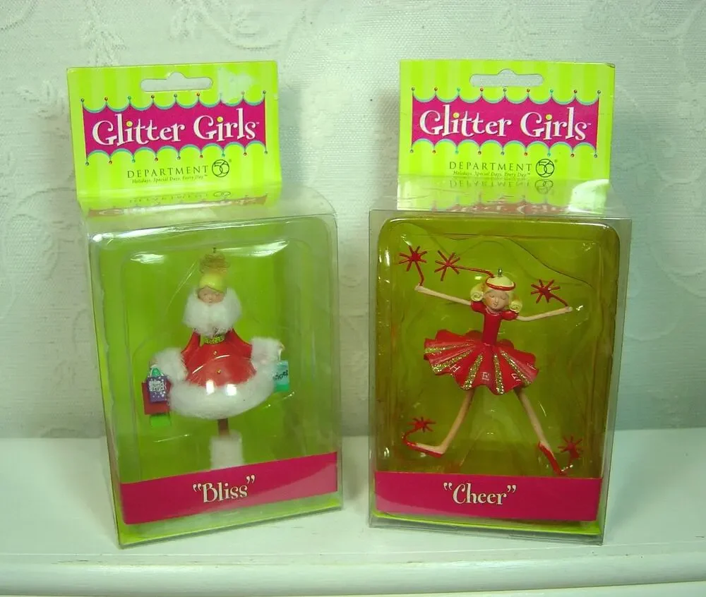 2 DEPARTMENT 56 GLITTER GIRLS ORNAMENTS-NIP-CHEERS & BLISS